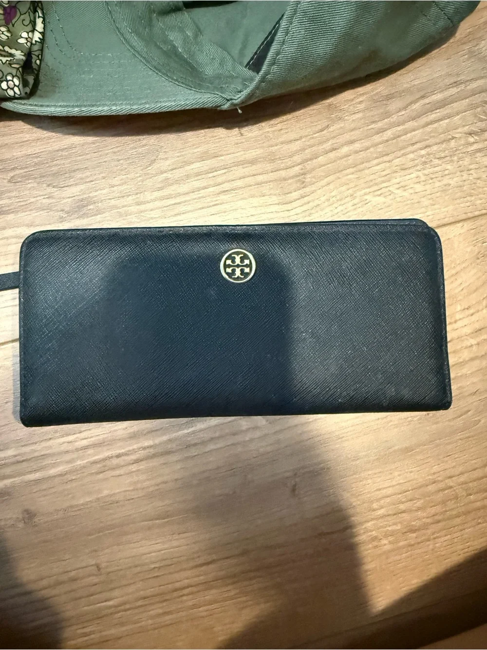 Tory Burch Black Saffiano Zip-Around Wallet with Gold Logo
